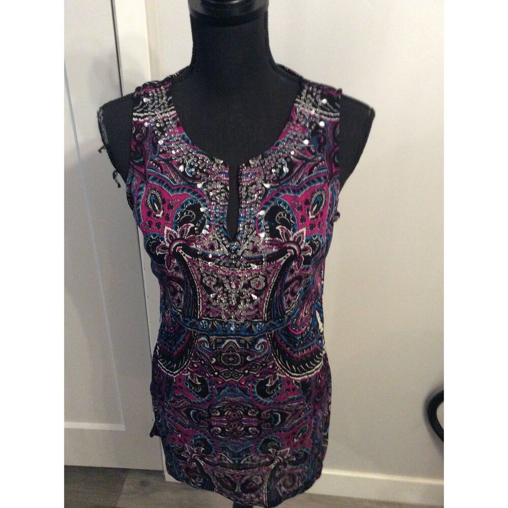 Inc Jeweled Print Tunic Bling Womens Stretch Sleeveless Size Large L